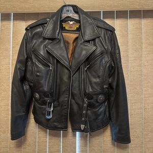 Harley-Davidson Black Leather Varsity Jacket with Vintage Charm